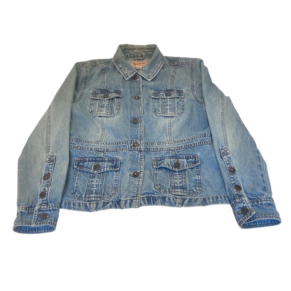 Aeropostale Womens Light Wash Denim Utility Jacket Size M Blue Cotton Button Up